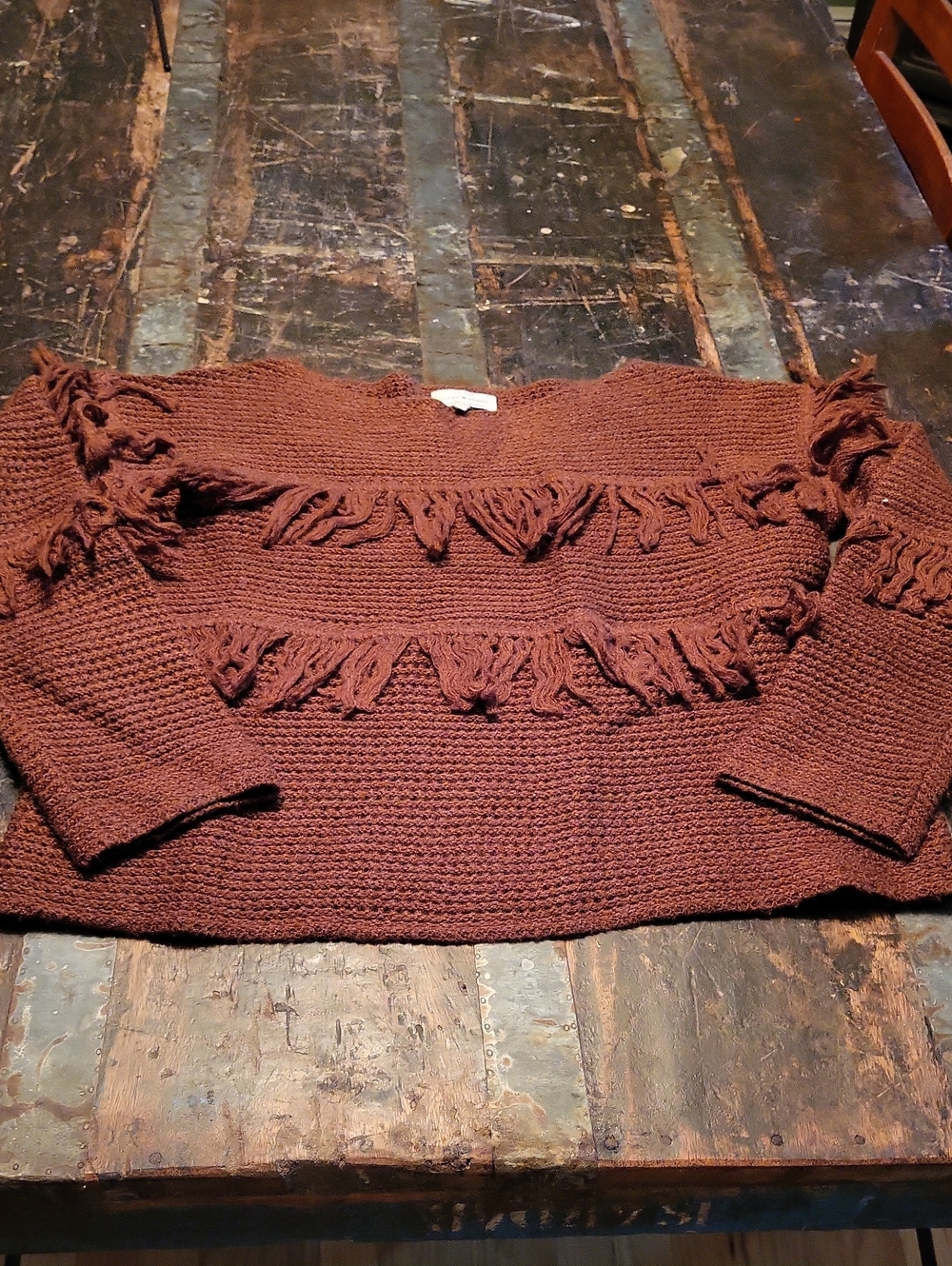 Lucky Brand Brown Fringe Crewneck Sweater